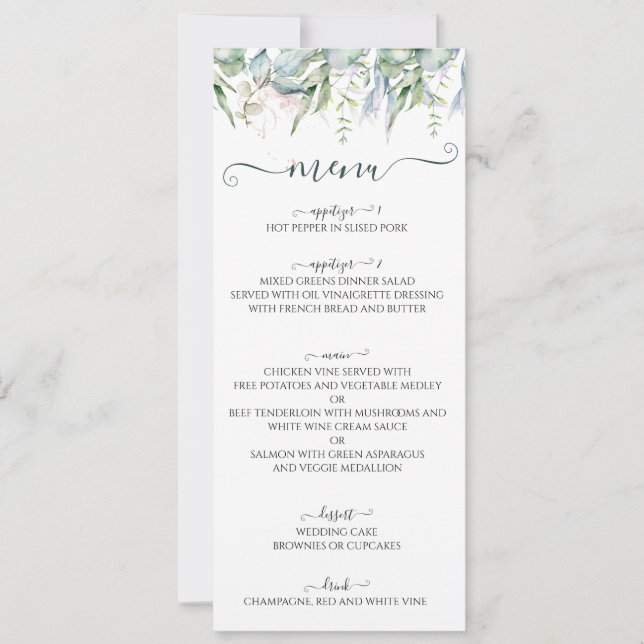 watercolor mint green eucalyptus  menu invitation (Front)