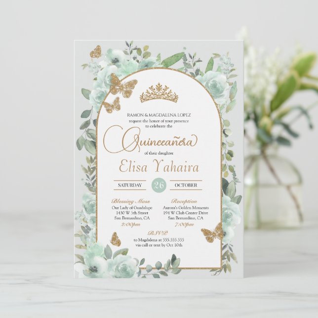 Watercolor Mint Green Floral Butterfly Quinceañera Invitation (Standing Front)