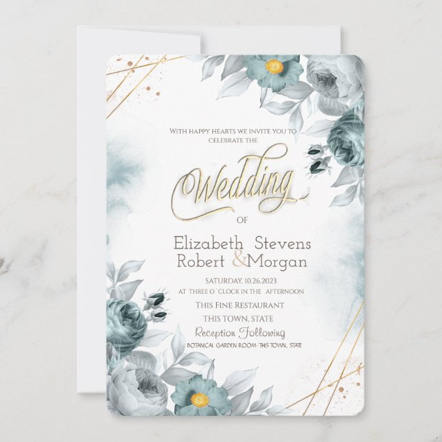 Watercolor Mint Green Flowers Invitation (Front)