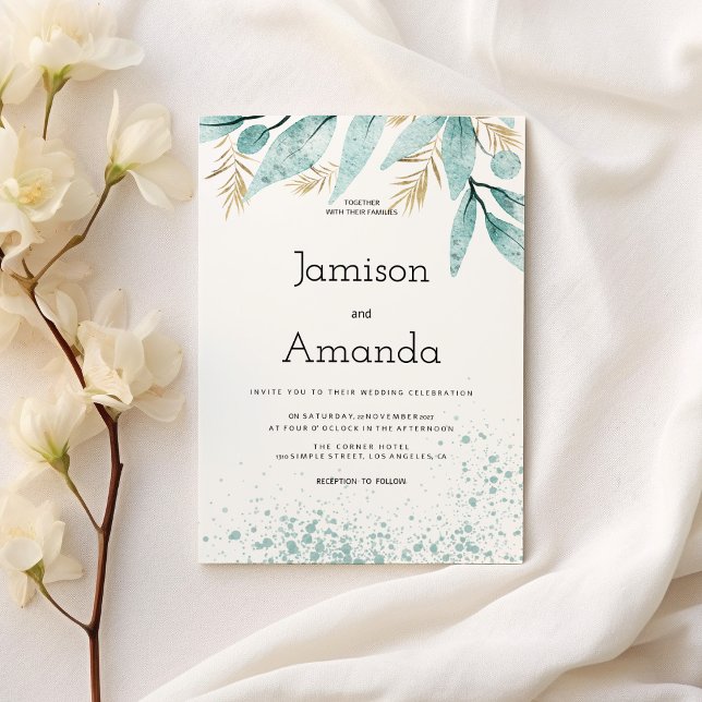Watercolor mint green gold foliage Wedding Invitation (Watercolor mint green gold foliage Wedding )