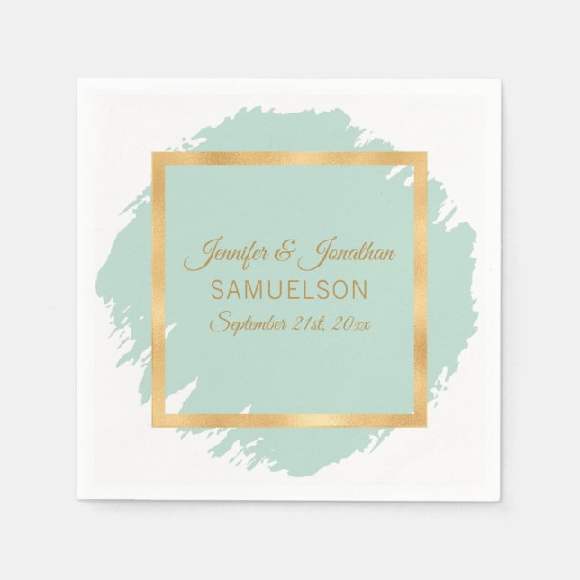 Watercolor Mint Green Gold Frame Wedding Napkin (Front)