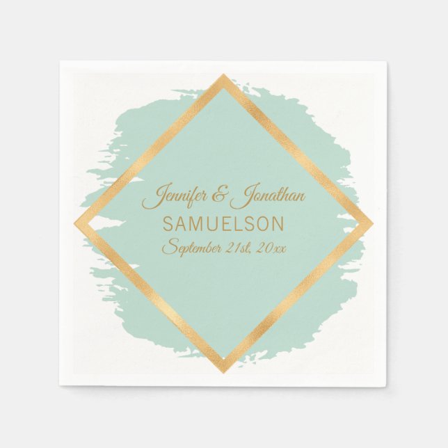 Watercolor Mint Green Gold Frame Wedding Napkin (Front)