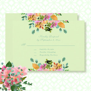 Watercolor Mint Green Pink Floral Wedding RSVP