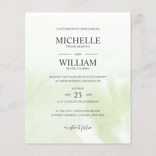 Watercolor Mint Green Plain Elegant Budget Wedding (Front)