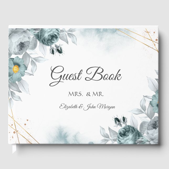 Watercolor Mint Green Roses Guest Book (Front)