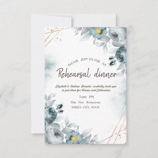 Watercolor Mint Green Roses Rehearsal Dinner   Invitation (Front)