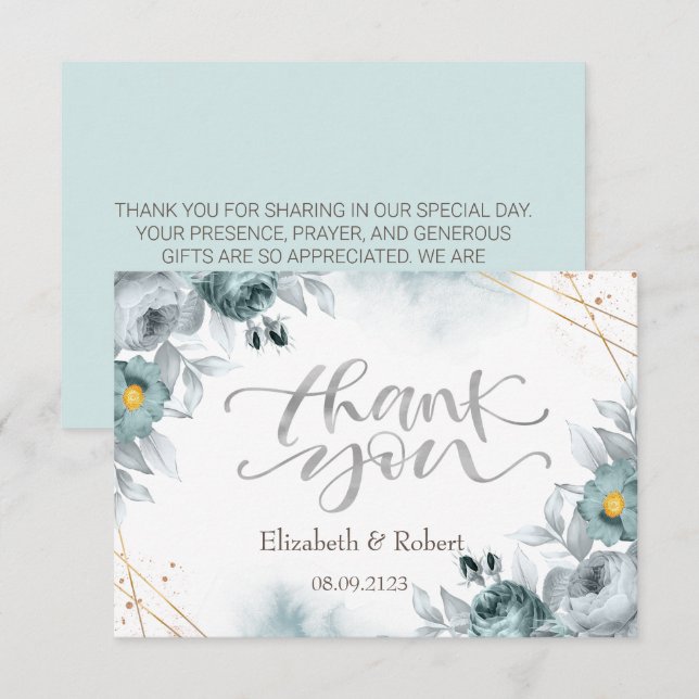 Watercolor Mint Green Roses Thank You Card (Front/Back)