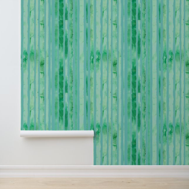 Watercolor Mint Green Teal Blue Stripes Patterns Wallpaper (Application)
