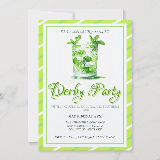 Watercolor Mint Julep Green Kentucky Derby Invitat Invitation (Front)