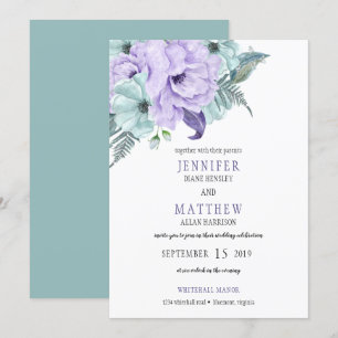 Watercolor Mint Lavender Purple Peonies Wedding Invitation
