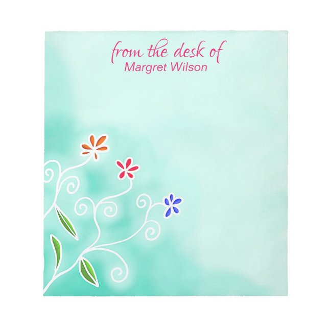 Watercolor Mint with Whimsical Flowers Notepad (Front)