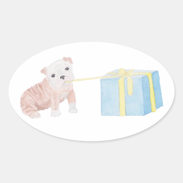 Watercolor Mischievous Puppy with Birthday Gift Oval Sticker (Front)