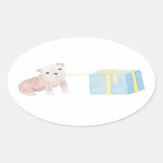 Watercolor Mischievous Puppy with Birthday Gift Oval Sticker