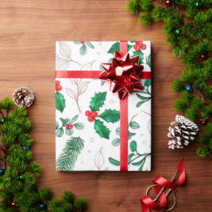 Watercolor Mistletoe and Pine Branch Wrapping Paper