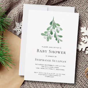 Watercolor Mistletoe Baby Shower Invitation
