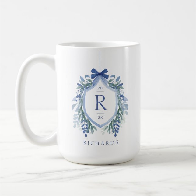 Watercolor Mistletoe Crest Monogram Coffee Mug (Left)