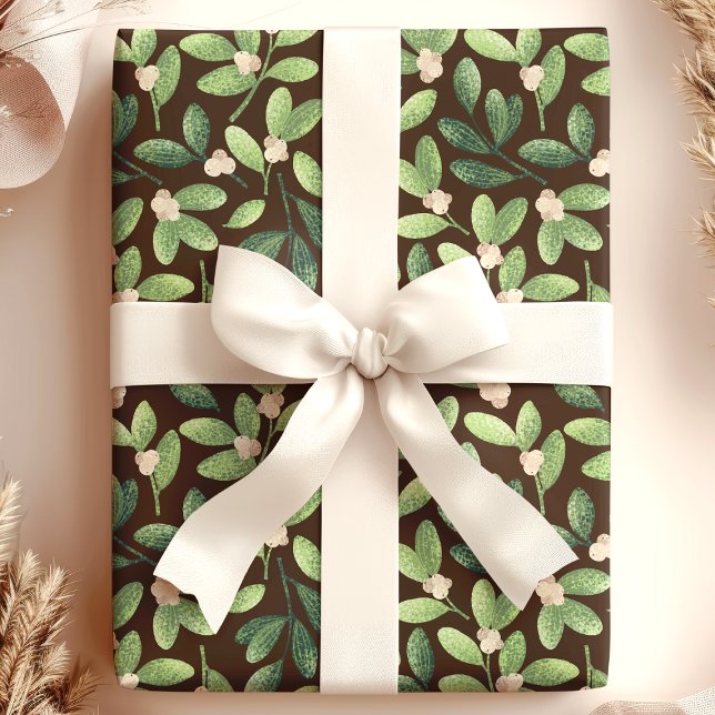 Watercolor Mistletoe Elegant Brown Floral Holiday Wrapping Paper (Creator Uploaded)