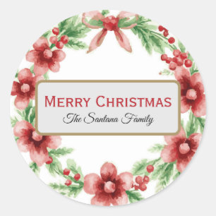 Watercolor Mistletoe Garland with Pink Flowers Classic Round Sticker