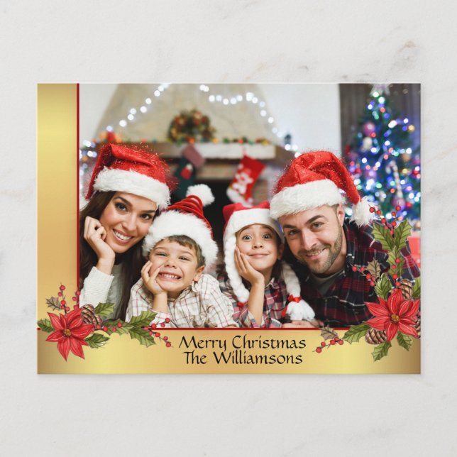 Watercolor Mistletoe Gold Frame Christmas Photo Holiday Postcard (Front)