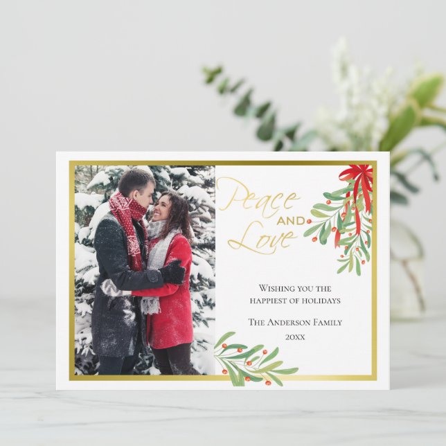 Watercolor Mistletoe & Gold | Holiday Photo Card (Standing Front)
