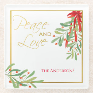 Watercolor Mistletoe & Gold   Personalised Holiday Glass Coaster