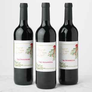 Watercolor Mistletoe & Gold   Personalised Holiday Wine Label