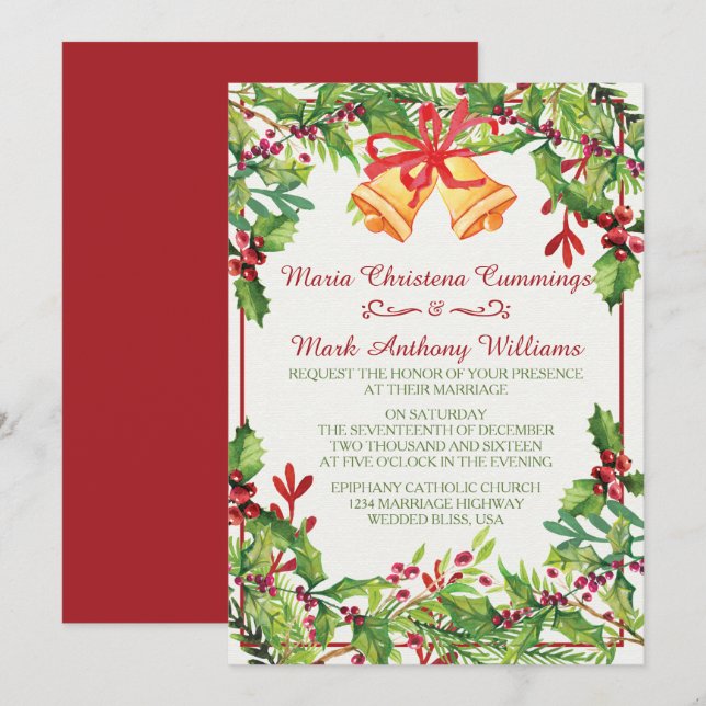 Watercolor Mistletoe Holiday Wedding Invitation (Front/Back)