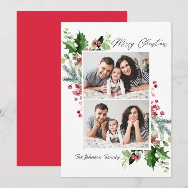 Watercolor Mistletoe Holly Berry Christmas 2 PHOTO Holiday Card (Front/Back)