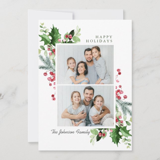 Watercolor Mistletoe Holly Berry Christmas 2 PHOTO Holiday Card (Front)