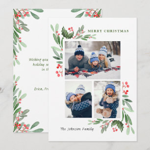 Watercolor Mistletoe Holly Berry Christmas 3 PHOTO Holiday Card