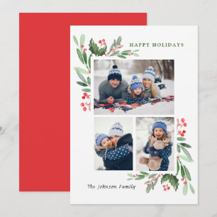 Watercolor Mistletoe Holly Berry Christmas 3 PHOTO Holiday Card