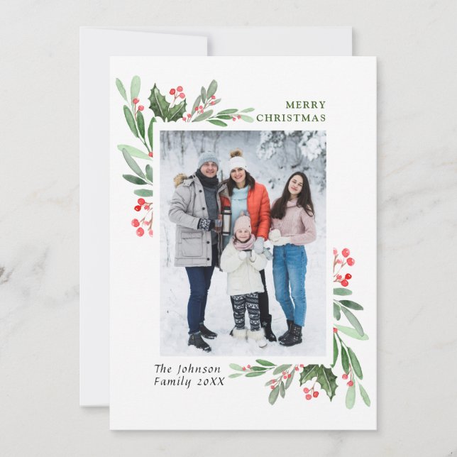 Watercolor Mistletoe Holly Berry Christmas PHOTO Holiday Card (Front)