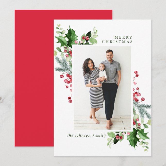 Watercolor Mistletoe Holly Berry Christmas PHOTO Holiday Card (Front/Back)