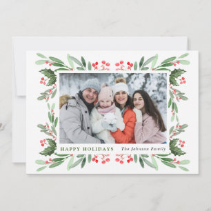Watercolor Mistletoe Holly Berry Christmas PHOTO Holiday Card