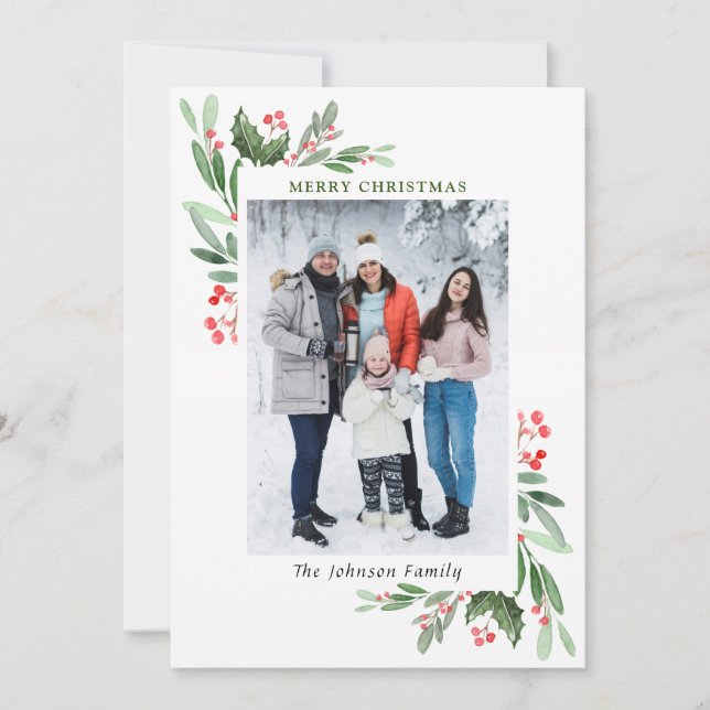 Watercolor Mistletoe Holly Berry Christmas PHOTO Holiday Card (Front)