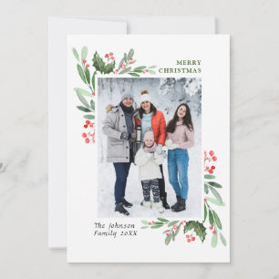 Watercolor Mistletoe Holly Berry Christmas PHOTO Holiday Card