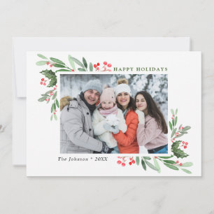 Watercolor Mistletoe Holly Berry Christmas PHOTO Holiday Card