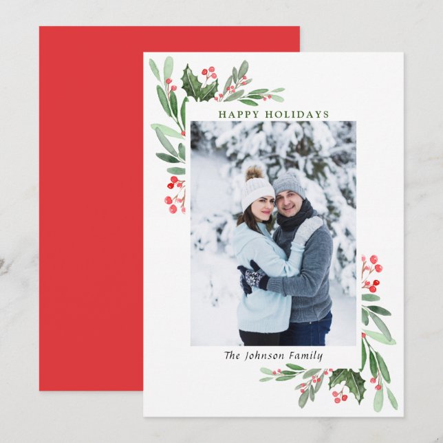 Watercolor Mistletoe Holly Berry Christmas PHOTO Holiday Card (Front/Back)