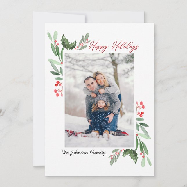Watercolor Mistletoe Holly Berry Christmas PHOTO Holiday Card (Front)