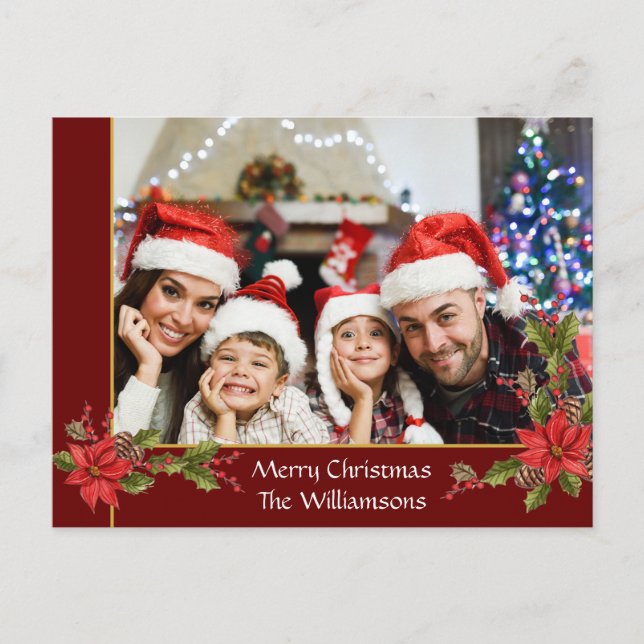 Watercolor Mistletoe Red Gold Ribbon Frame Photo Holiday Postcard (Front)