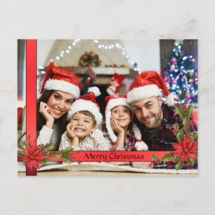 Watercolor Mistletoe Red Ribbon Frame Photo Holiday Postcard