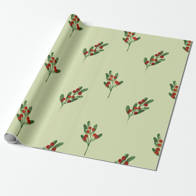Watercolor Mistletoe with Red Berries Christmas Wrapping Paper (Unrolled)