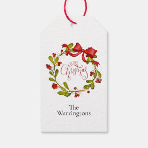 Watercolor Mistletoe Wreath with Bow Gift Tags