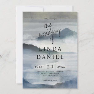 Watercolor Misty mountains indigo blue wedding Invitation