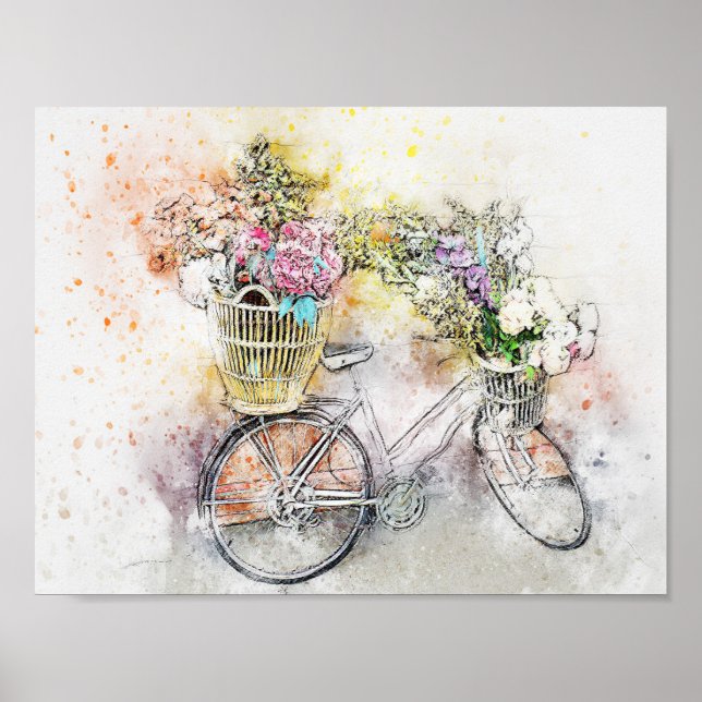 Watercolor Mix Media Bike & Flowers 1 Poster (Front)