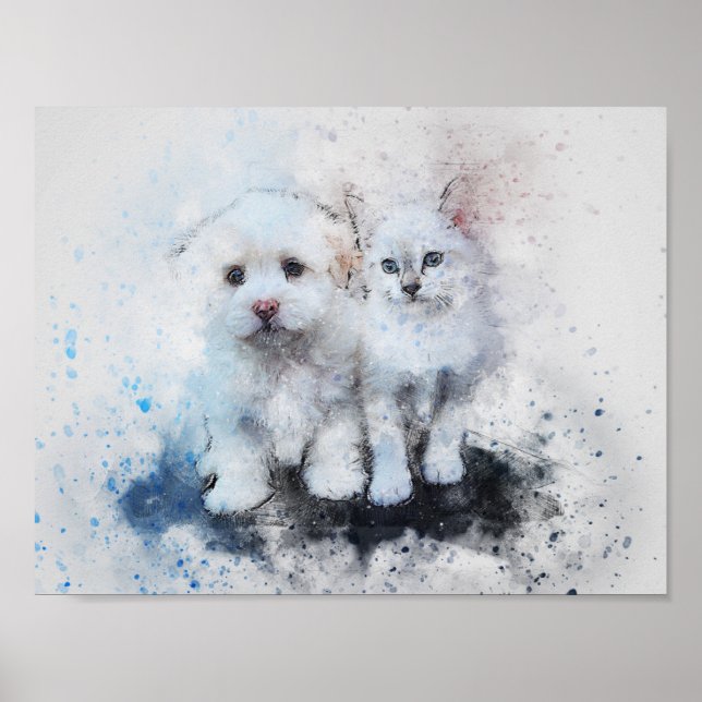 Watercolor Mix Media Kitten & Puppy Buddies Poster (Front)