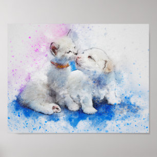 Watercolor Mix Media Kitten & Puppy Kisses Poster