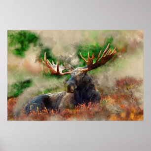 Watercolor Mix Media Moose Poster
