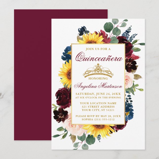 Watercolor Mixed Burgundy Floral Gold Quinceanera Invitation (Front/Back)