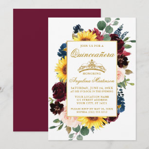 Watercolor Mixed Burgundy Floral Quinceanera Invitation